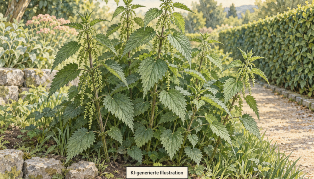 KI-generierte Illustration: Brennnesselbestand am Rand eines Gartenwegs.