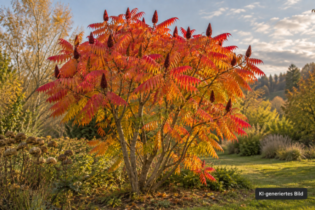 KI-generiertes Bild eines Essigbaums (Rhus typhina) mit rot-orangefarbener Herbstfärbung in einem Garten