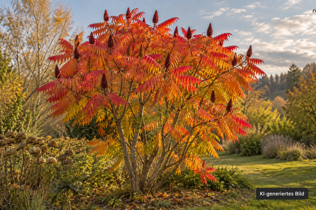 KI-generiertes Bild eines Essigbaums (Rhus typhina) mit rot-orangefarbener Herbstfärbung in einem Garten
