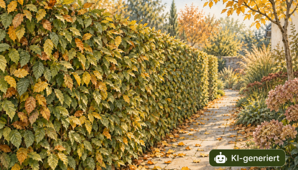 KI-generierte Illustration: Herbstliche Hecke am Gartenweg, mit Robotersiegel KI-generiert.