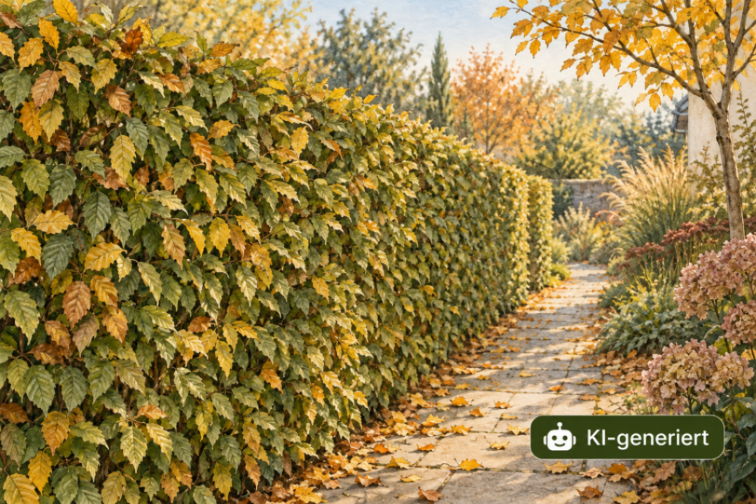 KI-generierte Illustration: Herbstliche Hecke am Gartenweg, mit Robotersiegel KI-generiert.
