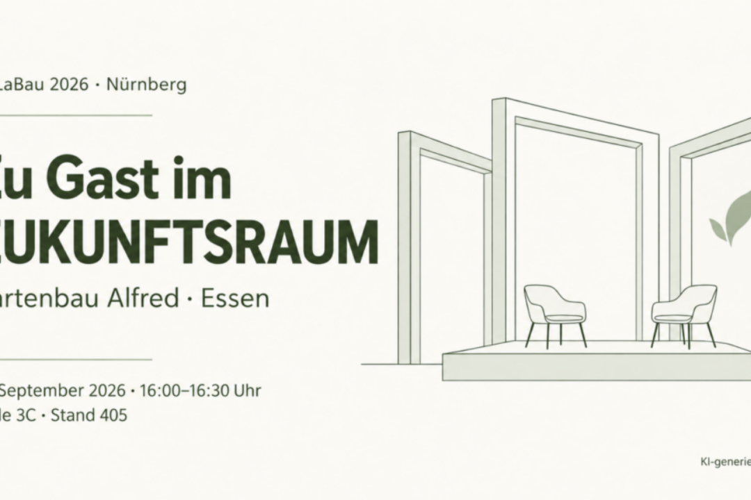 Gartenbau Alfred aus Essen zu Gast im ZUKUNFTSRAUM der GaLaBau 2026 in Nürnberg. Interview am 17. September, 16:00–16:30 Uhr, Halle 3C, Stand 405. KI-generierte Illustration.